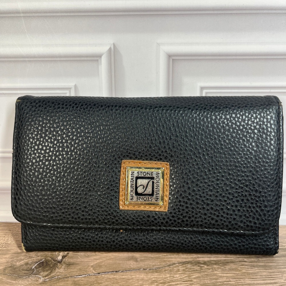 Stone Mountain Trifold Clutch Wallet Womens Black Pebbled Bonded Leather Blend